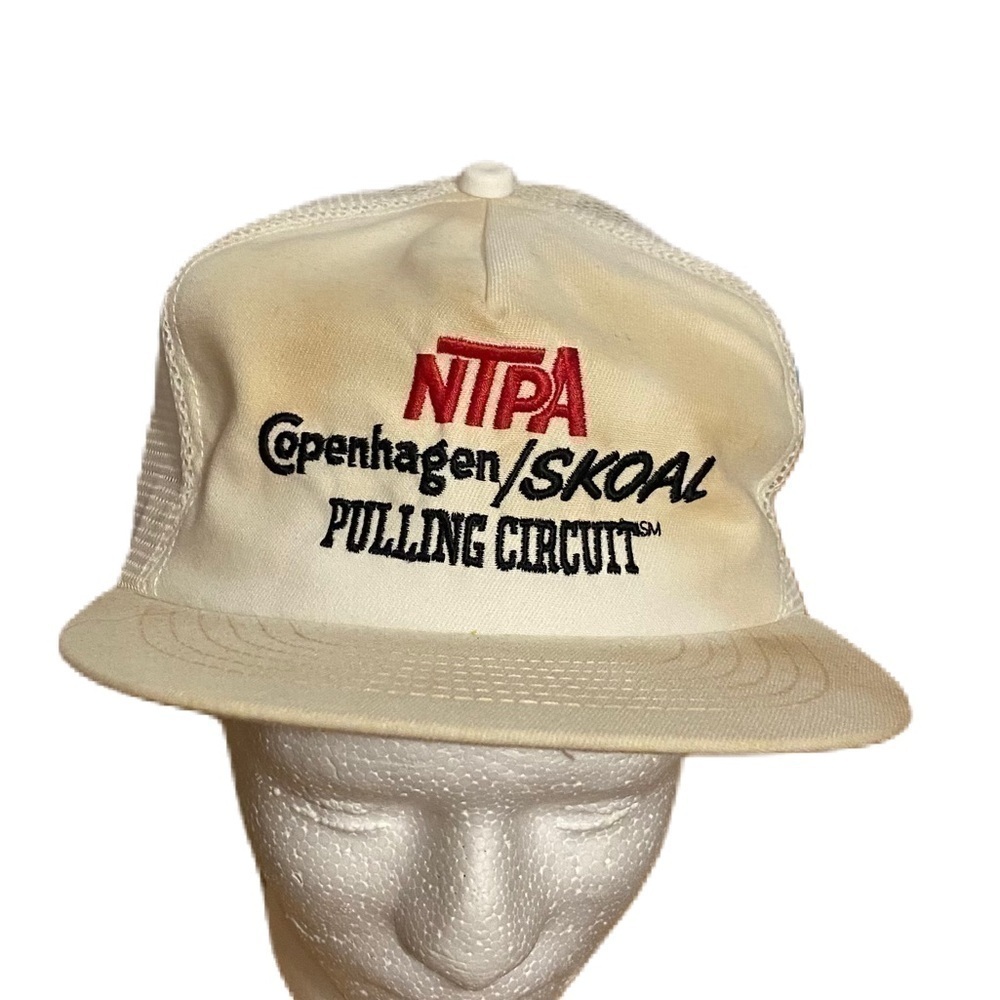 Vintage NTPA Copenhagen Skoal Pulling Circuit Mesh SnapBack Hat White Red USA